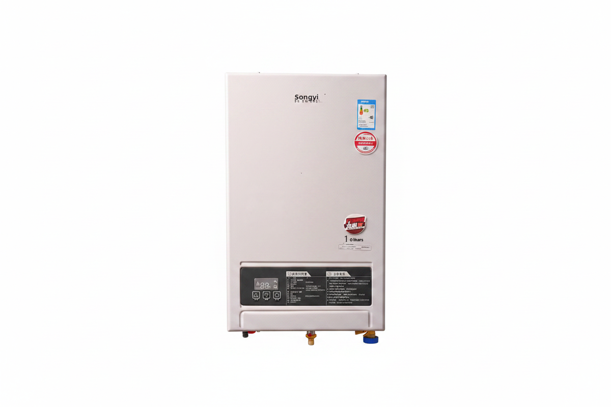 Tankless gas water heater with digital display, white background