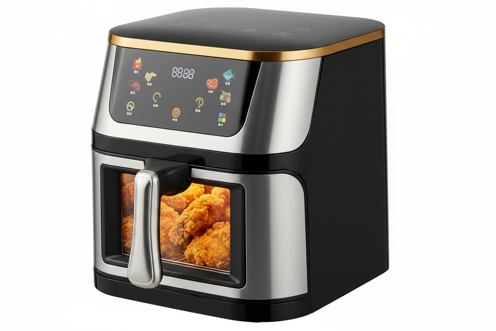 12L digital air fryer transparent window showing fried chicken, white background