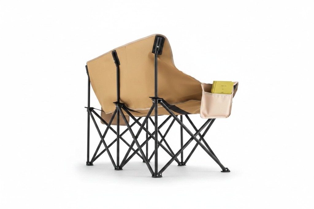 Tan khaki double camping loveseat chair side angle showing beige canvas side storage pocket, white background, no plant