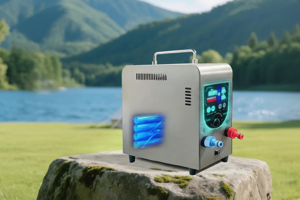 Stainless steel portable propane gas water heater on mossy rock with green mountain lake backdrop, no text overlays