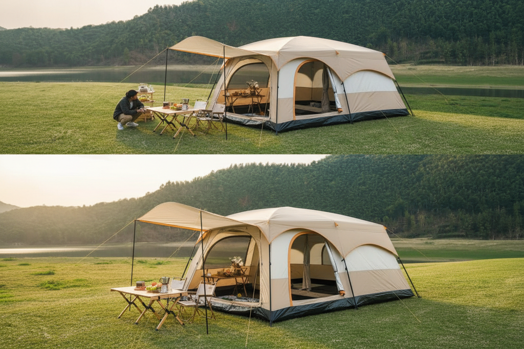Beige automatic family cabin tent at lakeside meadow with golden mountains, wooden table and camping chairs in front