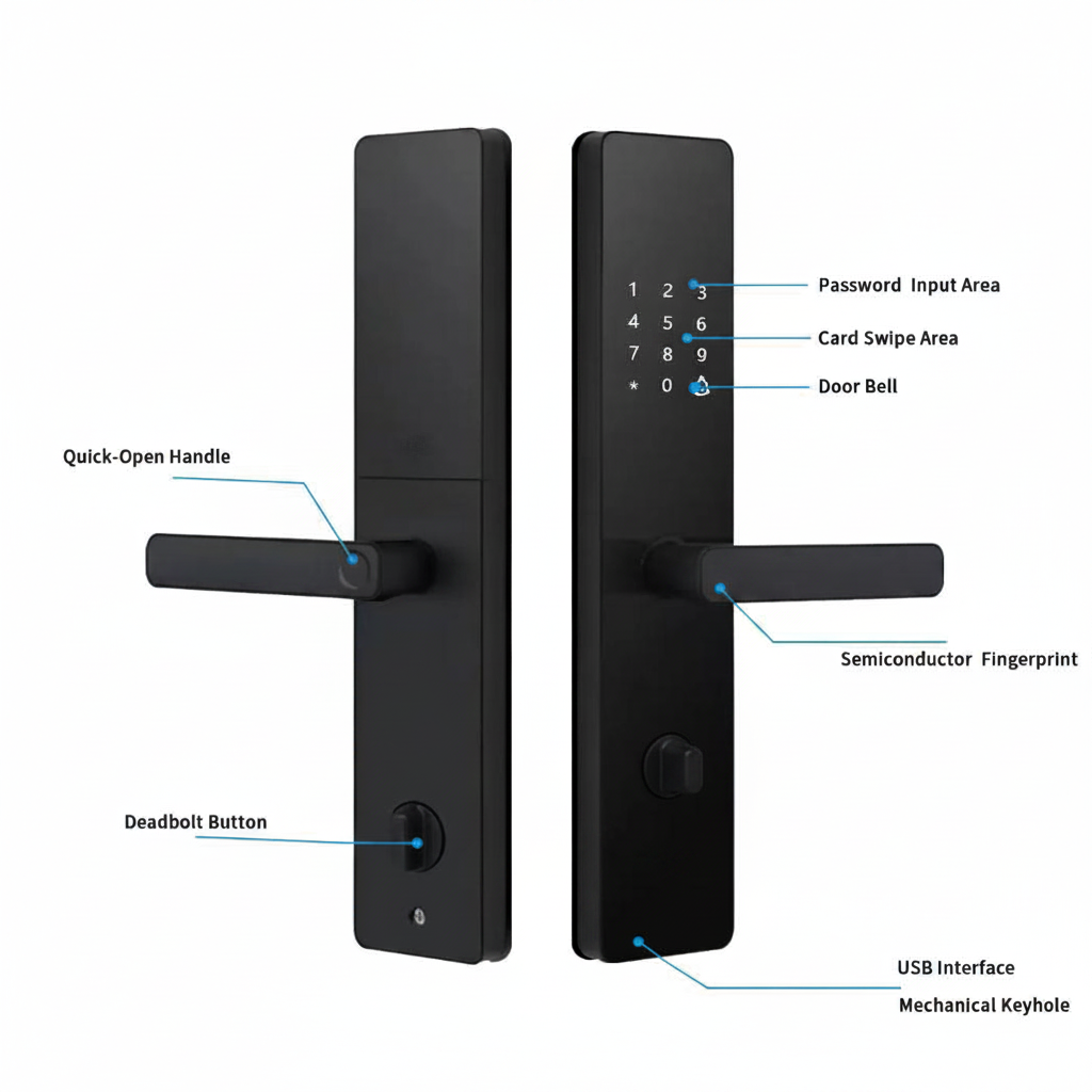 Smart electric door lock parts diagram with callout labels