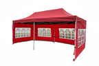Large red 10x20 folding pop-up gazebo canopy tent with white side panels and arched windows, white background, no watermark