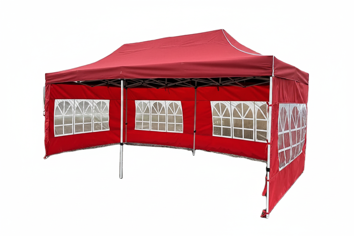 Large red 10x20 folding pop-up gazebo canopy tent with white side panels and arched windows, white background, no watermark