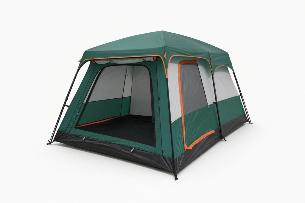 Large dark green automatic family cabin tent with orange trim, white background, no inset or spec bar, clean hero shot