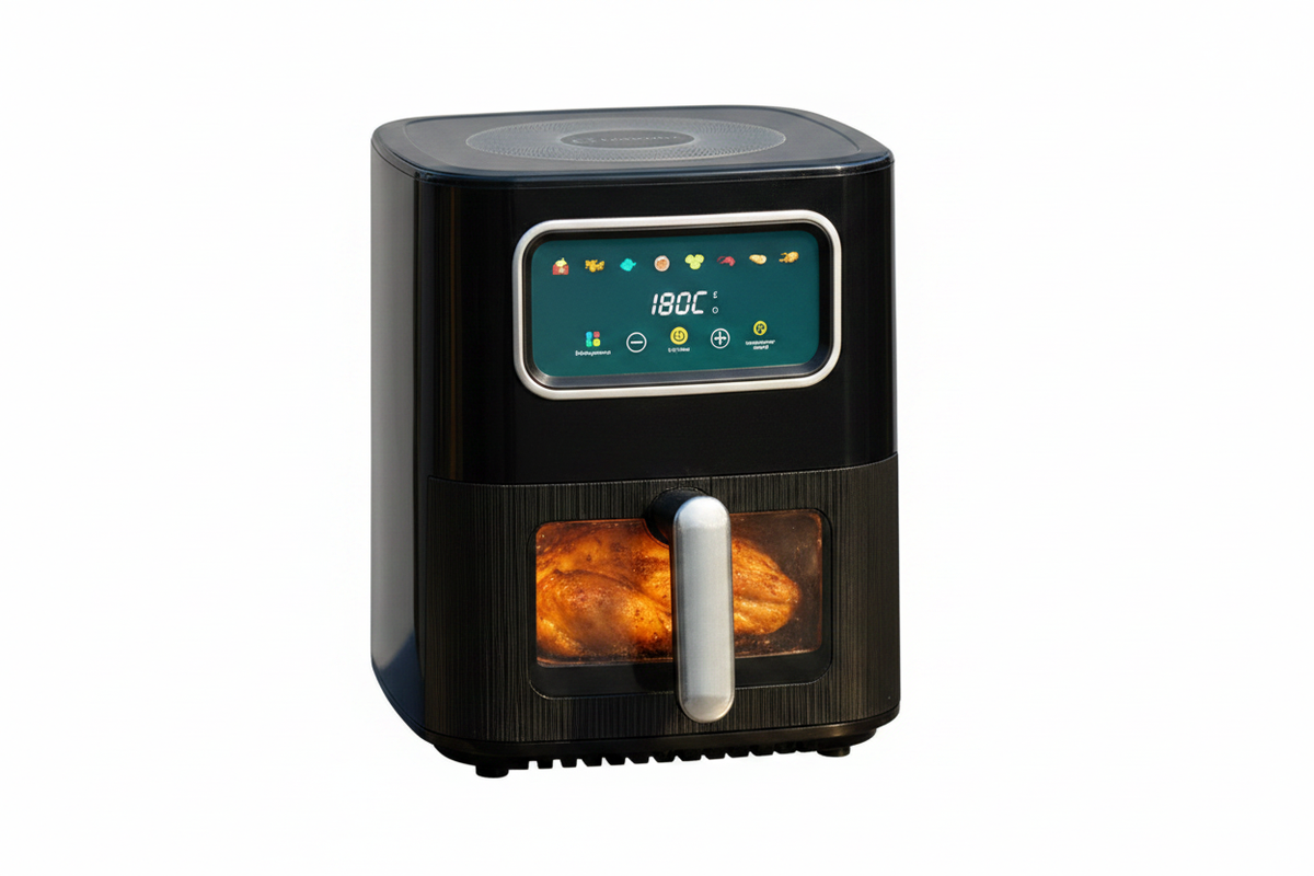 10L digital air fryer transparent window showing food inside, clean white background