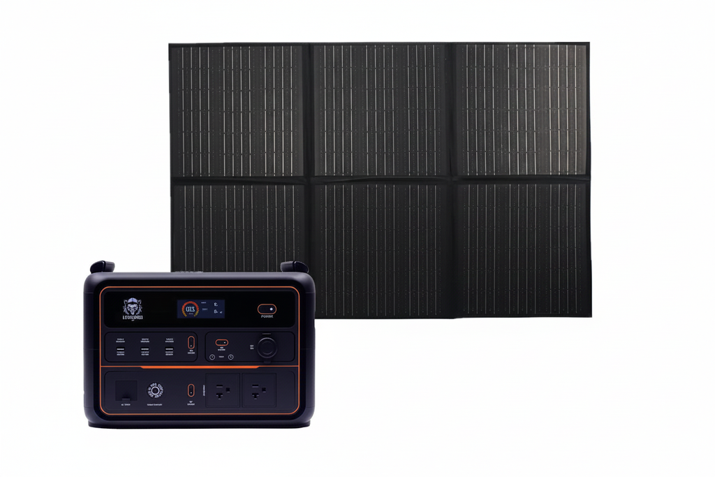300W 6-panel foldable solar panel with portable power station, white background, no brand logo