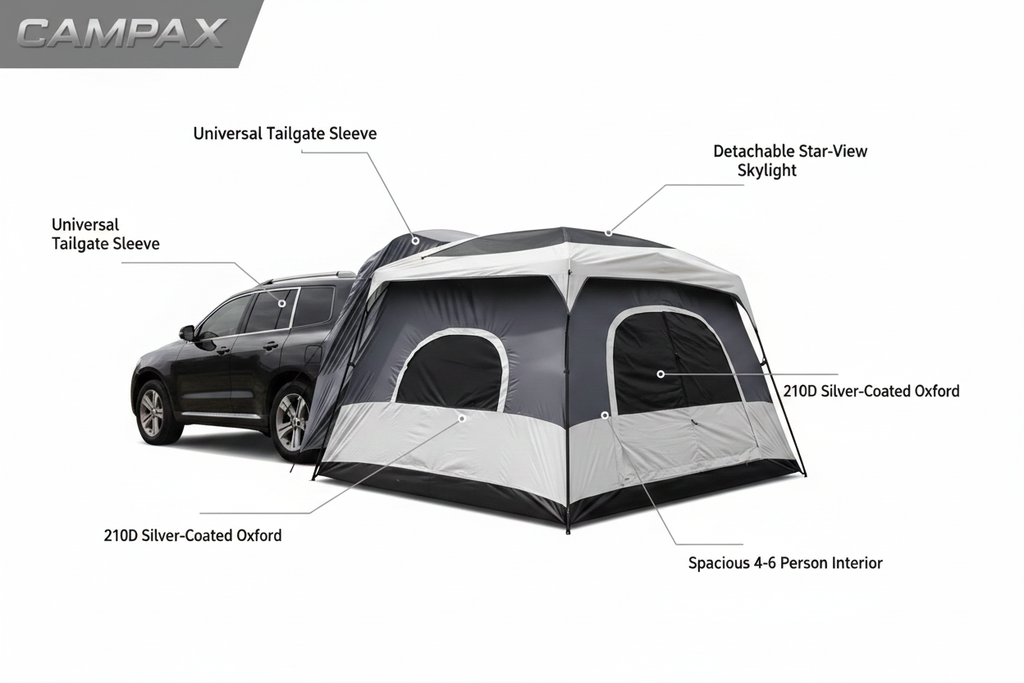 CAMPAX SUV tailgate tent on white background with feature callouts — tailgate sleeve, star-view skylight, 210D Oxford, 4-6 person interior, no watermark