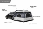 CAMPAX SUV tailgate tent on white background with feature callouts — tailgate sleeve, star-view skylight, 210D Oxford, 4-6 person interior, no watermark