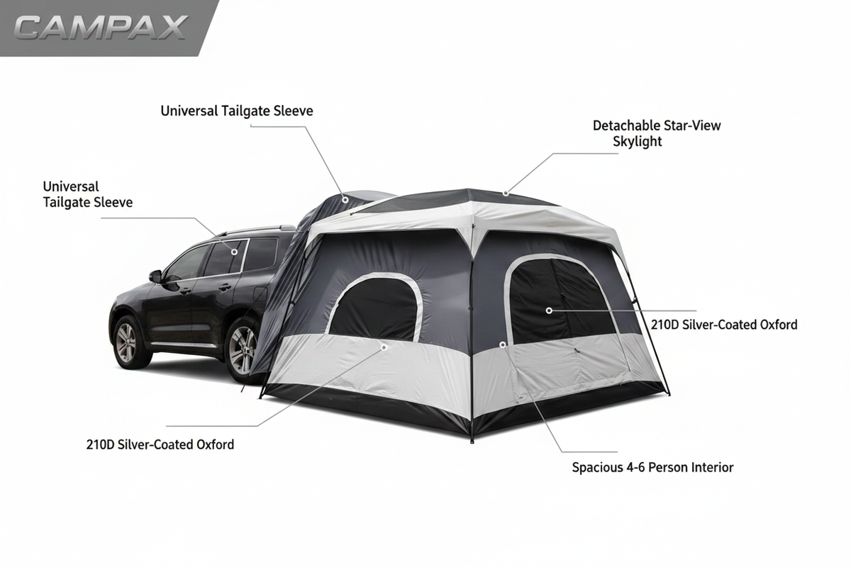 CAMPAX SUV tailgate tent on white background with feature callouts — tailgate sleeve, star-view skylight, 210D Oxford, 4-6 person interior, no watermark