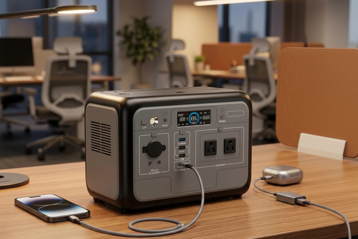P800 800W portable power station on office desk charging smartphone, lifestyle shot