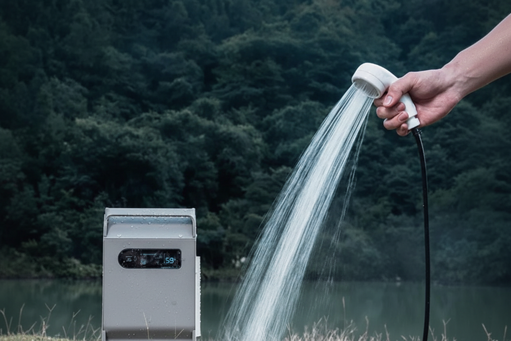 Hand holding white shower head spraying water outdoors, grey portable gas water heater on ground, green forest background, no text