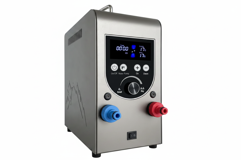 Stainless steel portable propane gas water heater front panel close-up showing LED display, control buttons, rotary dial, blue and red water connectors, white background, no callout labels