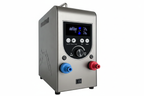 Stainless steel portable propane gas water heater front panel close-up showing LED display, control buttons, rotary dial, blue and red water connectors, white background, no callout labels
