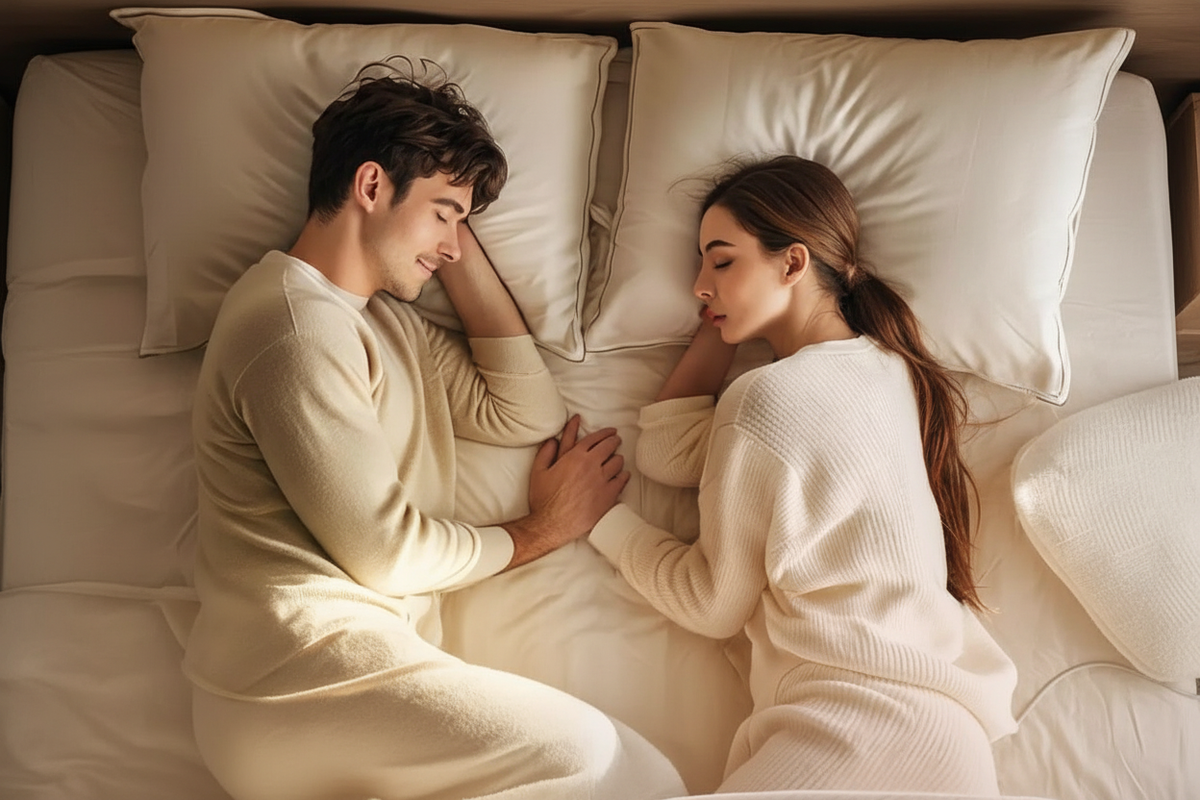 Couple sleeping peacefully side by side under white electric blanket, warm golden lighting, no text or diagrams