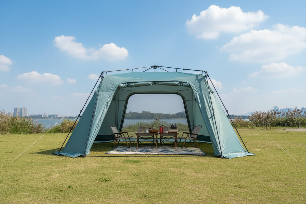 Light blue automatic dome canopy tent in half-open mode on green grass by lake, picnic rug and camping table inside