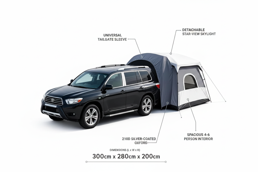 CAMPAX SUV tailgate tent on white background with feature callouts — tailgate sleeve, skylight, 210D Oxford, 4-6 person interior
