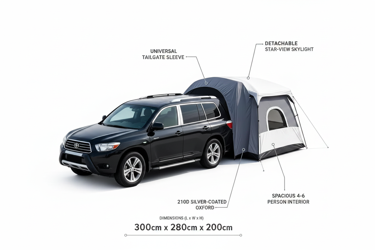 CAMPAX SUV tailgate tent on white background with feature callouts — tailgate sleeve, skylight, 210D Oxford, 4-6 person interior