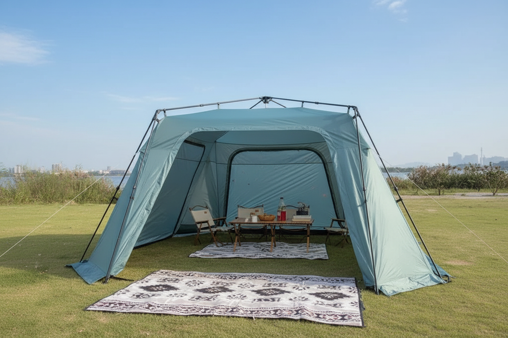 Light blue automatic dome canopy tent fully open on green grass by lake, all panels open showing spacious interior