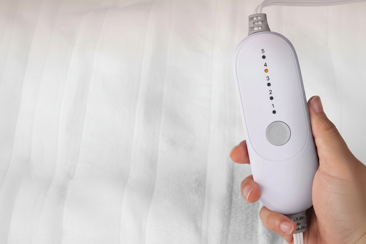 Hand holding white oval electric blanket controller with 5 LED dots and power button, no text or charts