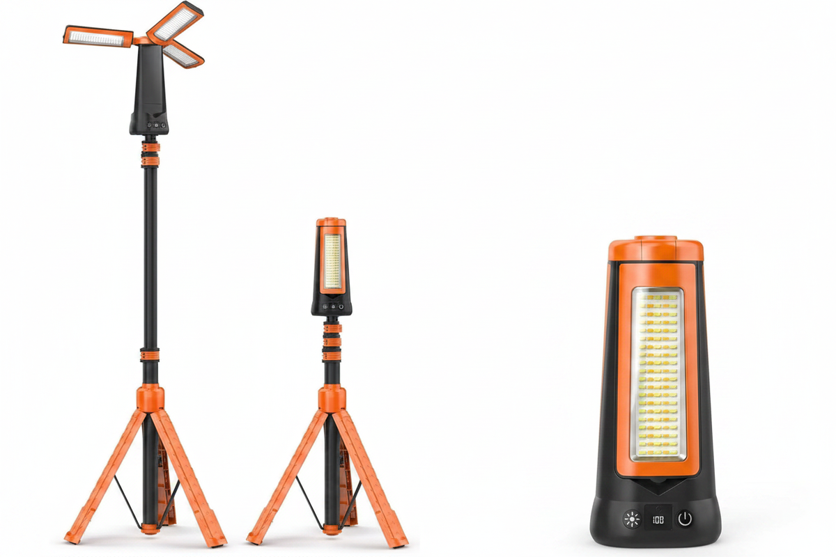 Orange and black rechargeable LED camping work light showing three configurations on white background, no thumbnail insets