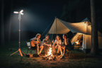 Orange LED work light on tall tripod illuminating group of friends around campfire at night, no text or labels