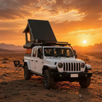 CAMPAX hard shell rooftop tent on Jeep at desert sunset
