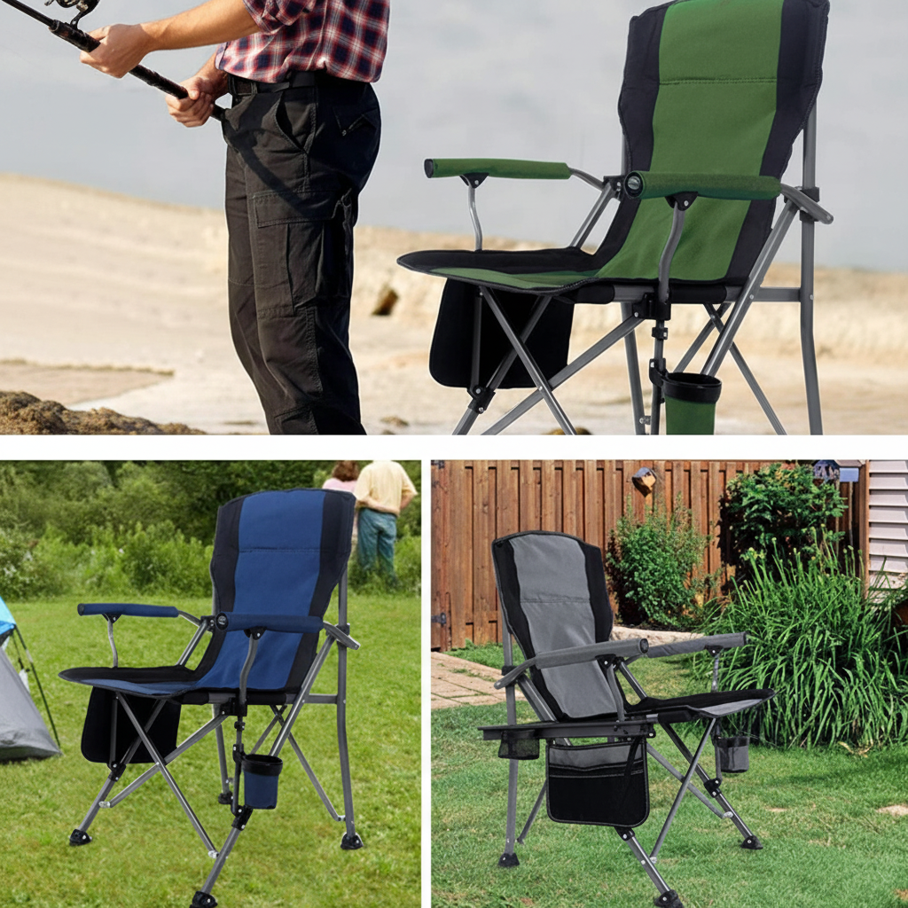 Heavy duty folding camp chairs in green, blue and grey at outdoor settings