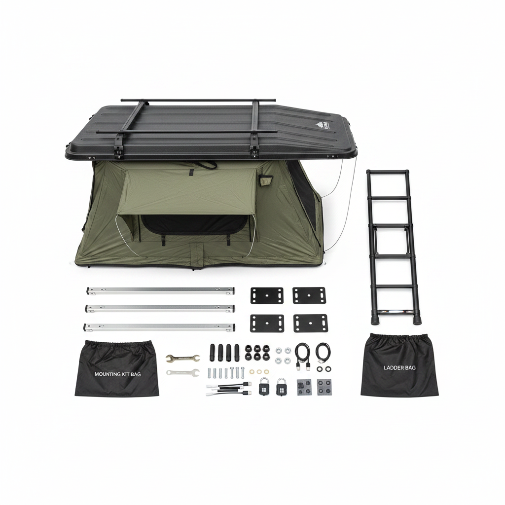CAMPAX rooftop tent full kit contents flat lay