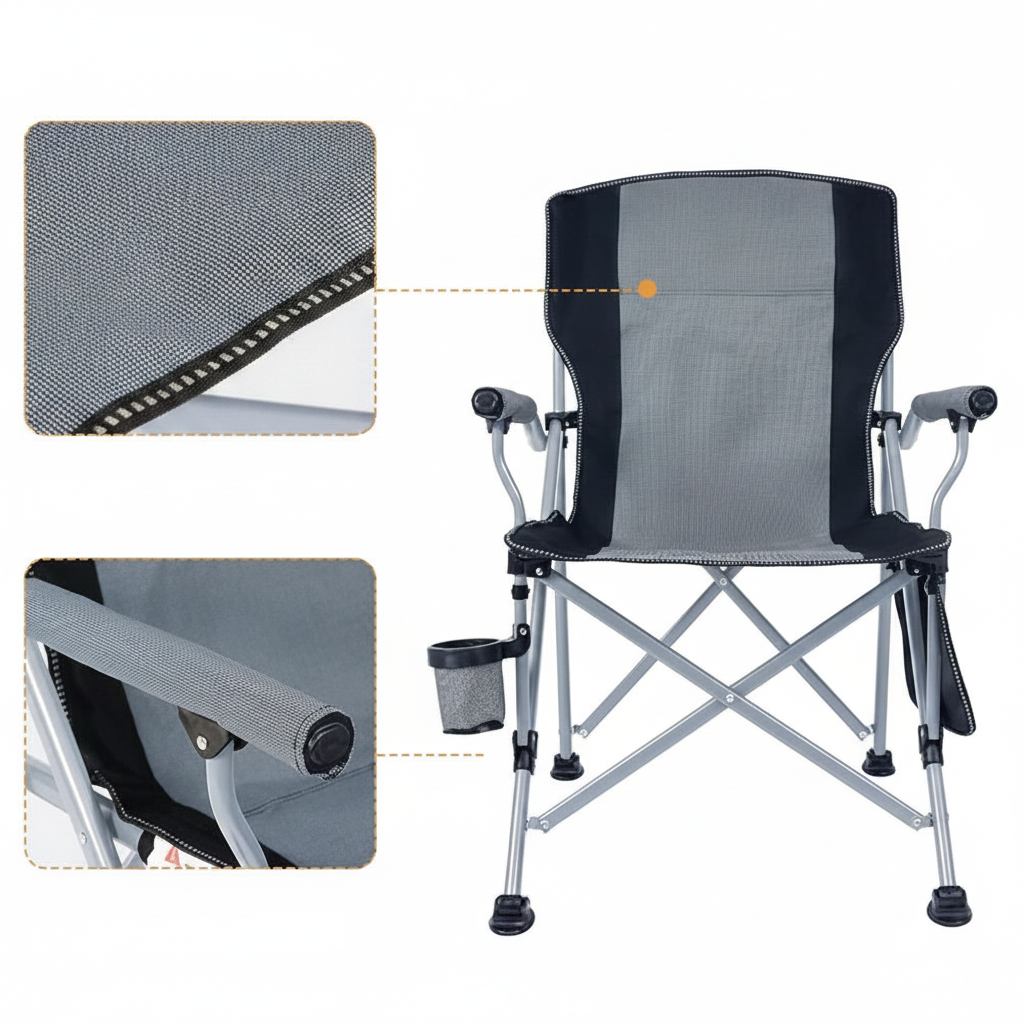 Grey folding camp chair with fabric and armrest detail close-ups