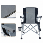 Grey folding camp chair with fabric and armrest detail close-ups