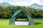 Dark green automatic pop-up dome camping tent with yellow poles, open door, mountain backdrop, no text overlays