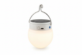 Solar emergency LED lantern with hook, glowing warm white, clean white background