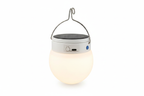 Solar emergency LED lantern with hook, glowing warm white, clean white background