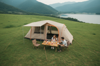 Aerial view of beige automatic family tent with awning extended, couple camping on green hillside with table and chairs