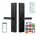 Smart electric door lock overview with unlock methods, app and 9 language flags
