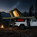 CAMPAX hard shell rooftop tent open on truck at night with starry sky