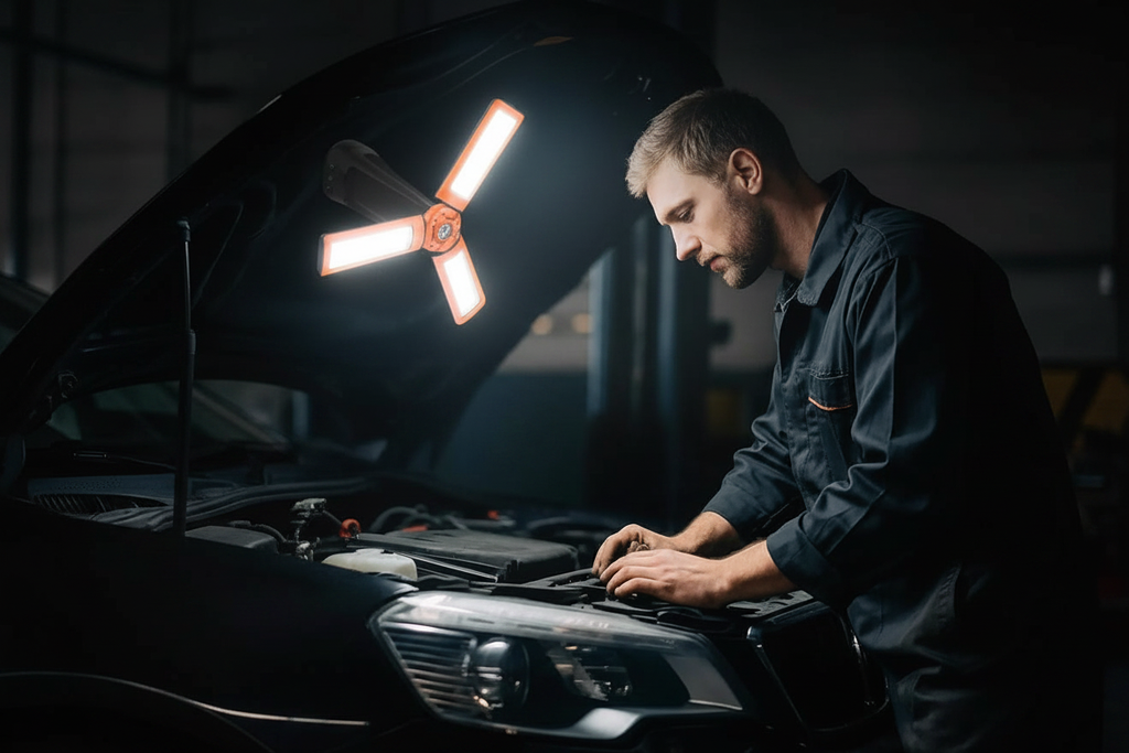 Mechanic working under car hood illuminated by orange LED work light magnetically attached, no text overlays