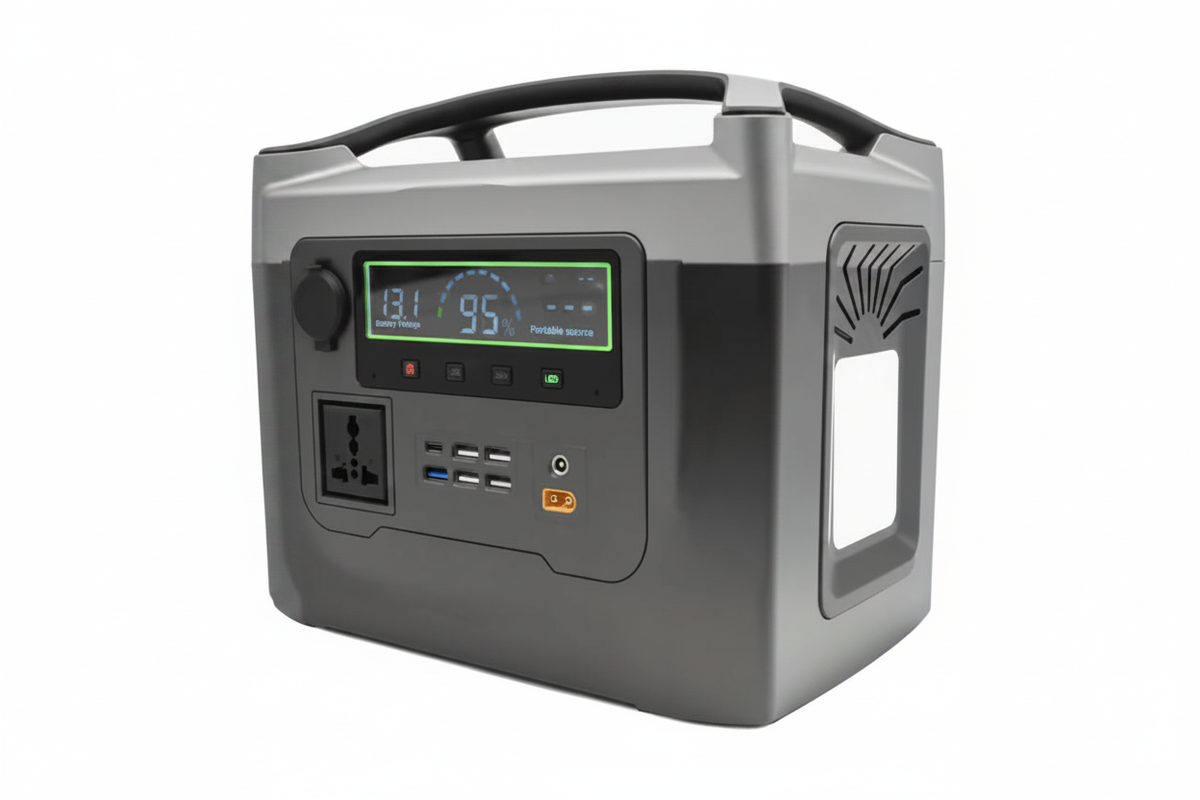 500W portable power station 3/4 angle view, white background, no dimension lines