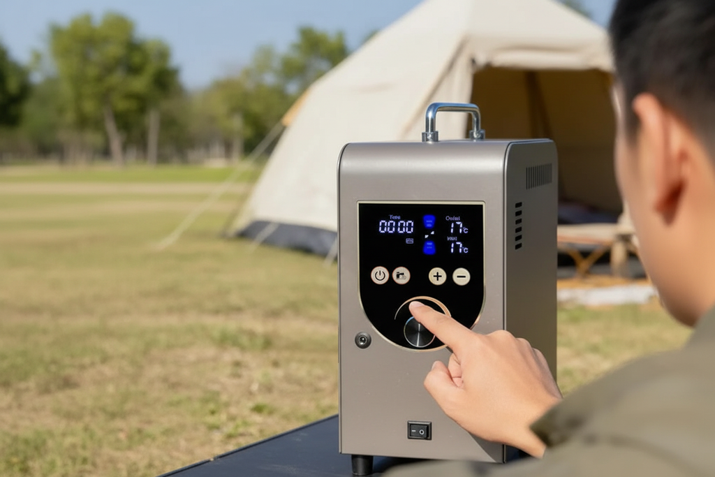 Man's hand turning rotary dial on stainless steel portable gas water heater at campsite with beige tent in background, no text