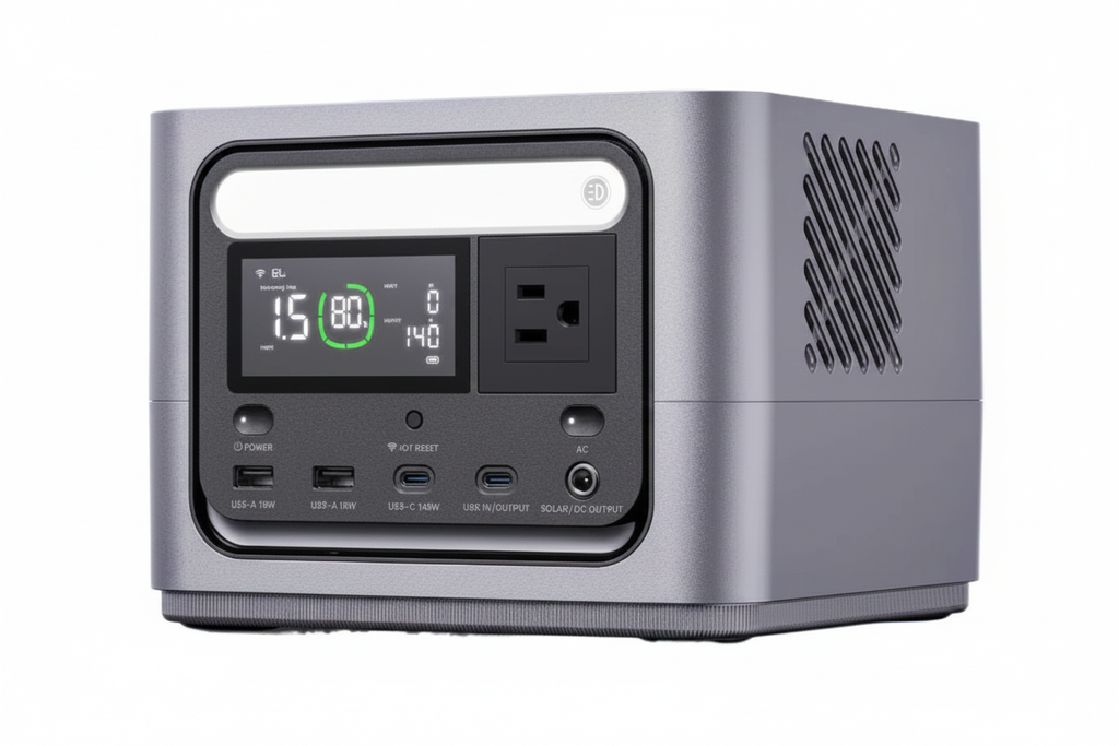 300W LiFePO4 portable power station 3/4 angle view, white background, no brand logo