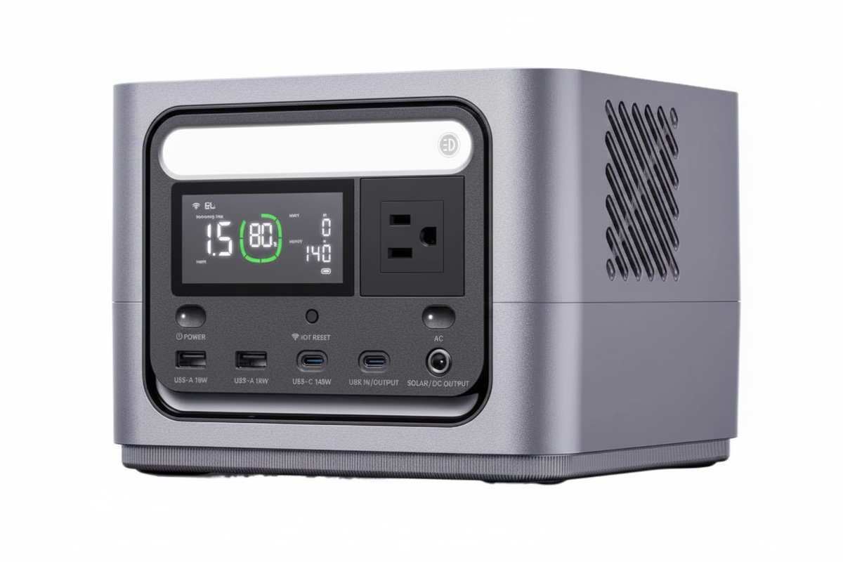 300W LiFePO4 portable power station 3/4 angle view, white background, no brand logo