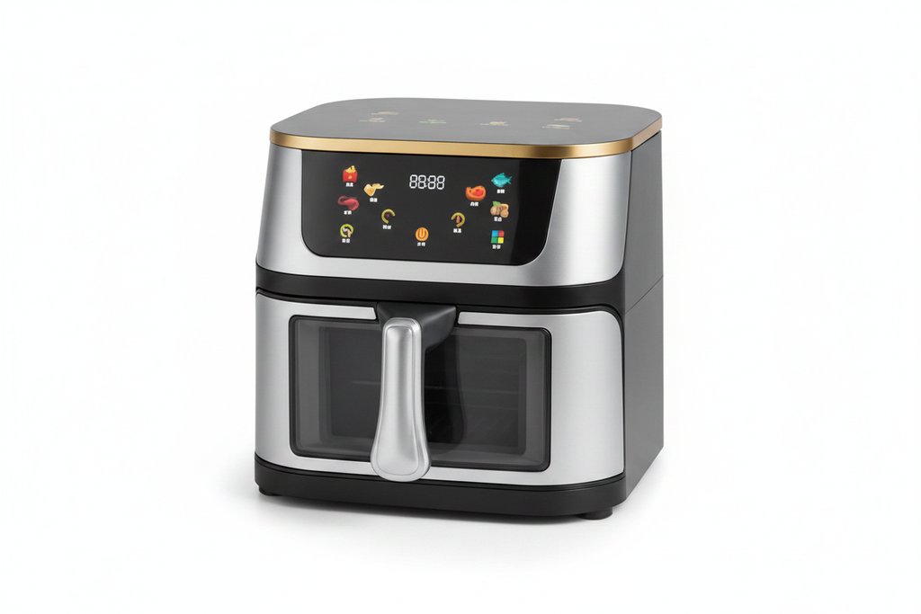 12L stainless steel digital air fryer front view, white background