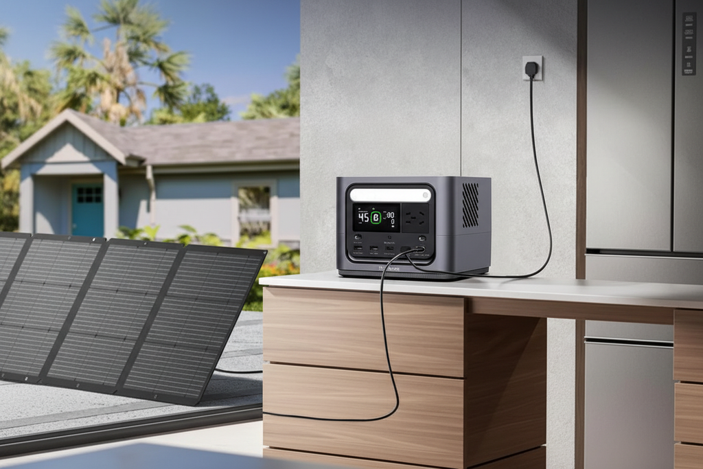 300W power station charging outdoors via solar panel and wall outlet