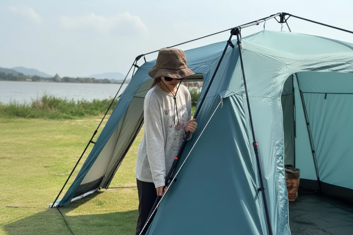 Woman setting up light blue automatic dome canopy tent by pulling support rod, lakeside green grass, no text overlays