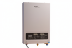 Tankless gas water heater side angle, white background