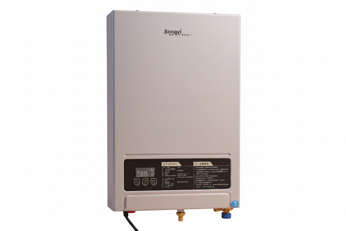 Tankless gas water heater side angle, white background