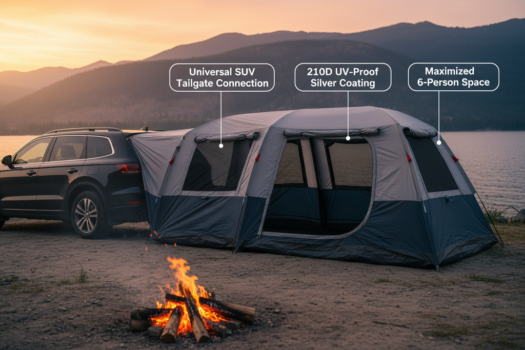 CAMPAX SUV tailgate tent at lakeside sunset with feature callouts — tailgate connection, UV-proof coating, 6-person space, no watermark