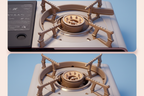 Close-up detail of gold aluminum alloy spider burner head on portable camping gas stove, clean product photography, no text labels