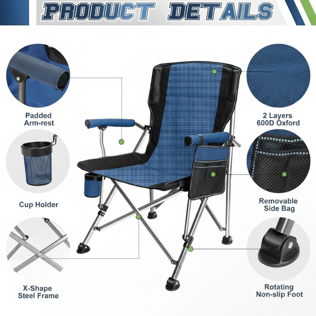 Blue folding camp chair product feature callout diagram